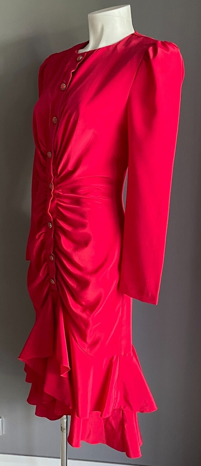 HIGH STREET SYDNEY Red Dress Long Sleeve Size 8 Ruched Button Front Midi 1980s