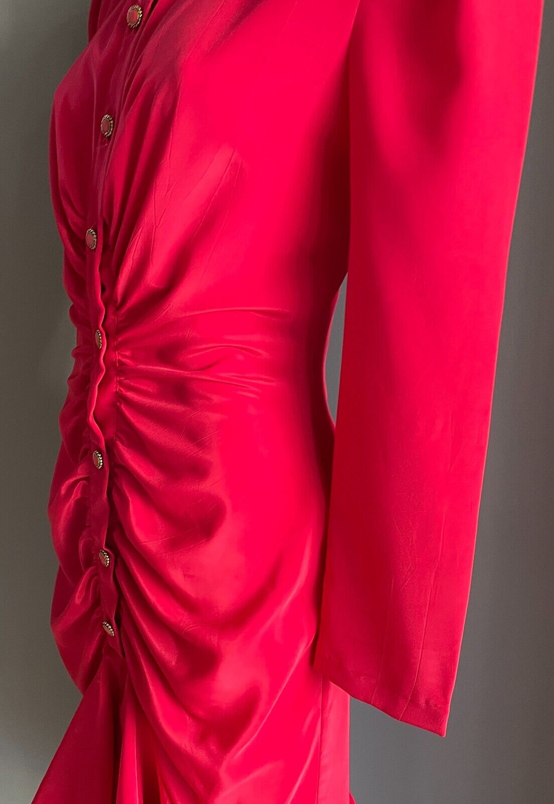 HIGH STREET SYDNEY Red Dress Long Sleeve Size 8 Ruched Button Front Midi 1980s