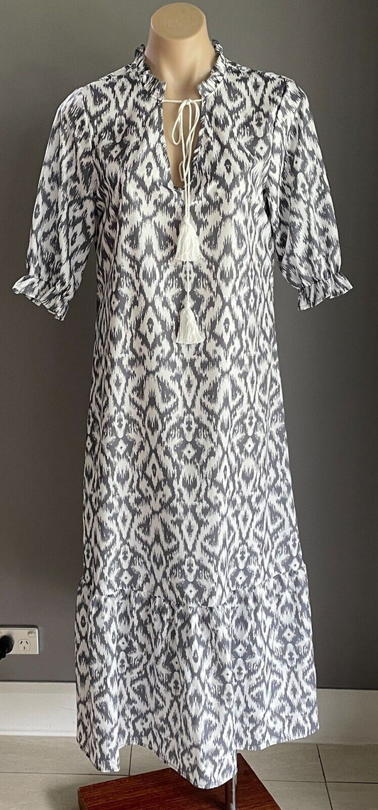 Maxi Dress NORACORA Tassel Tie Grey White Geo Tier Hem V Neck Size S 12 NEW