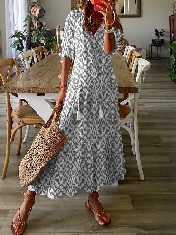 Maxi Dress NORACORA Tassel Tie Grey White Geo Tier Hem V Neck Size S 12 NEW