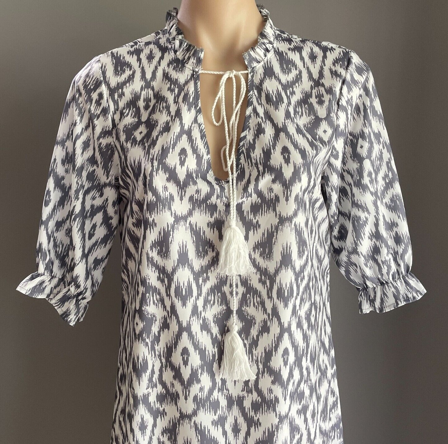 Maxi Dress NORACORA Tassel Tie Grey White Geo Tier Hem V Neck Size S 12 NEW