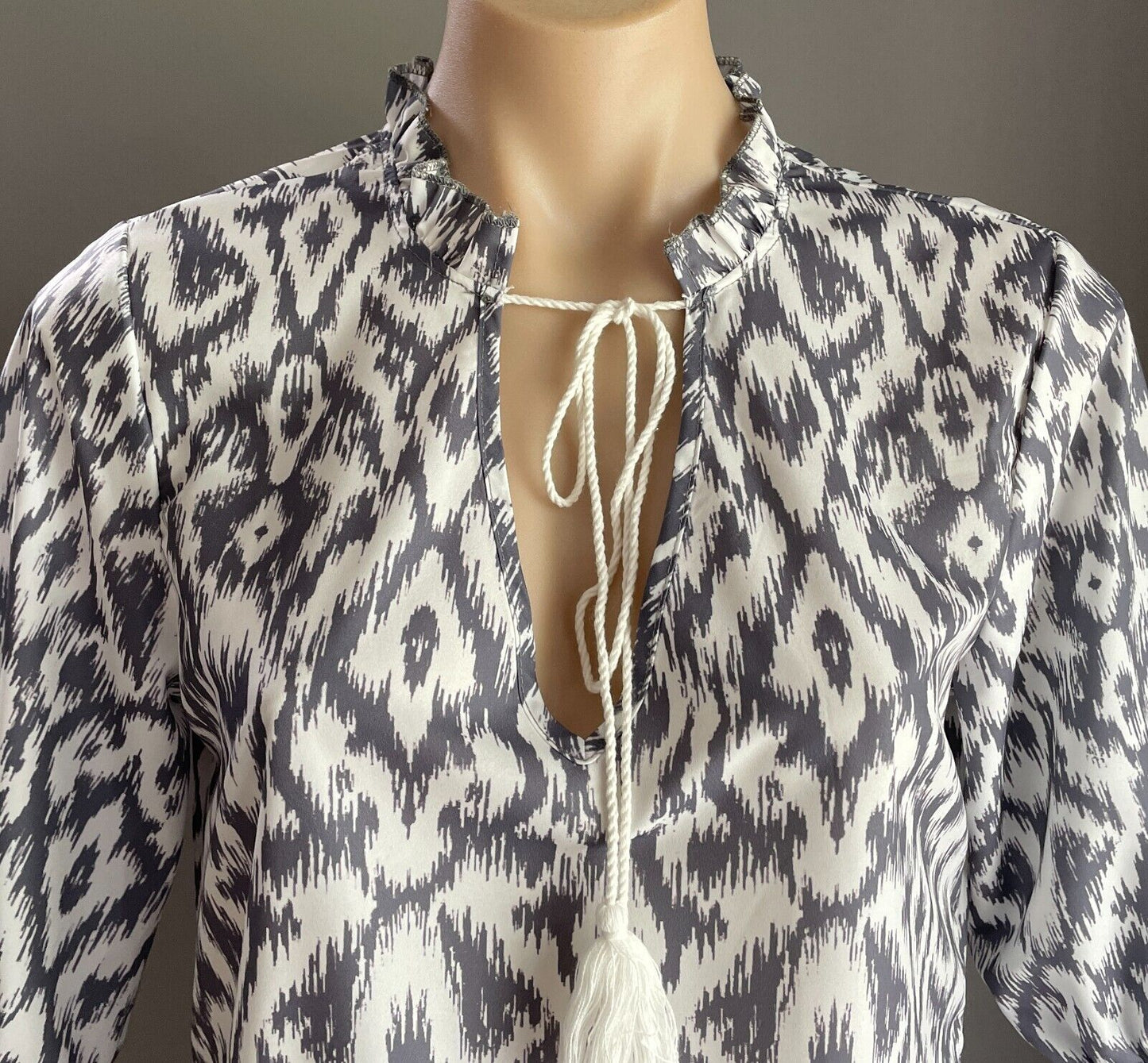 Maxi Dress NORACORA Tassel Tie Grey White Geo Tier Hem V Neck Size S 12 NEW