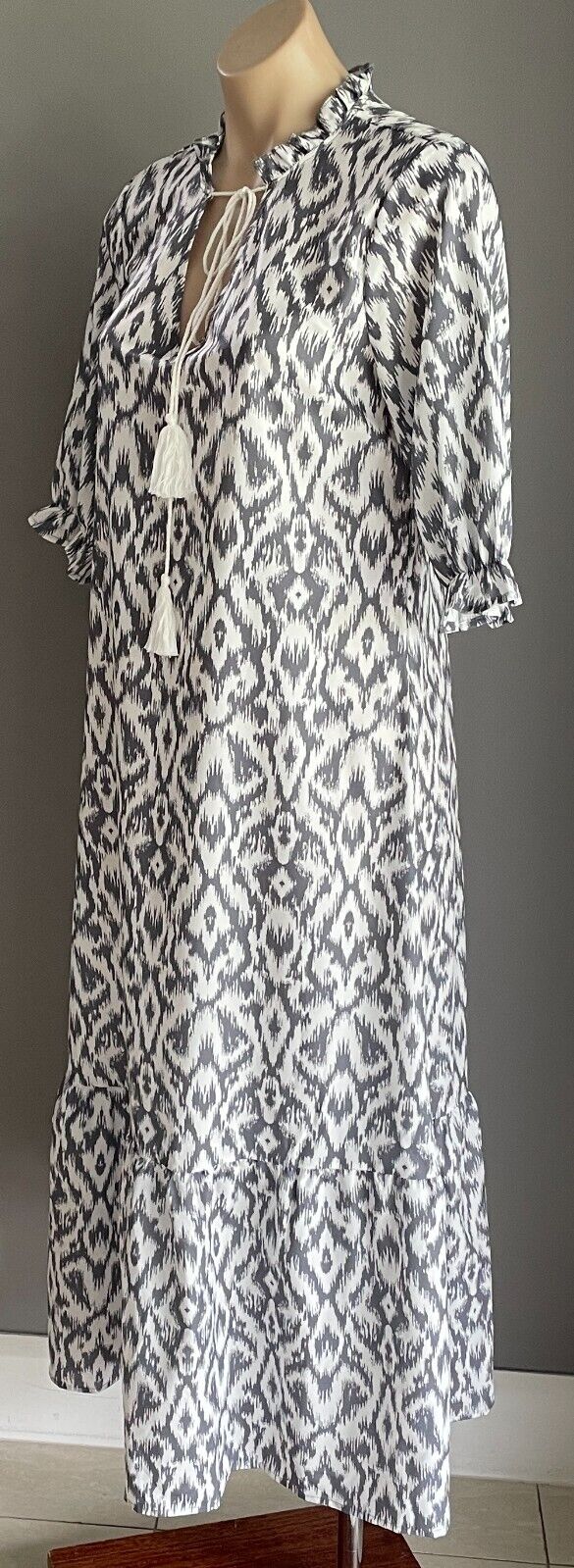 Maxi Dress NORACORA Tassel Tie Grey White Geo Tier Hem V Neck Size S 12 NEW