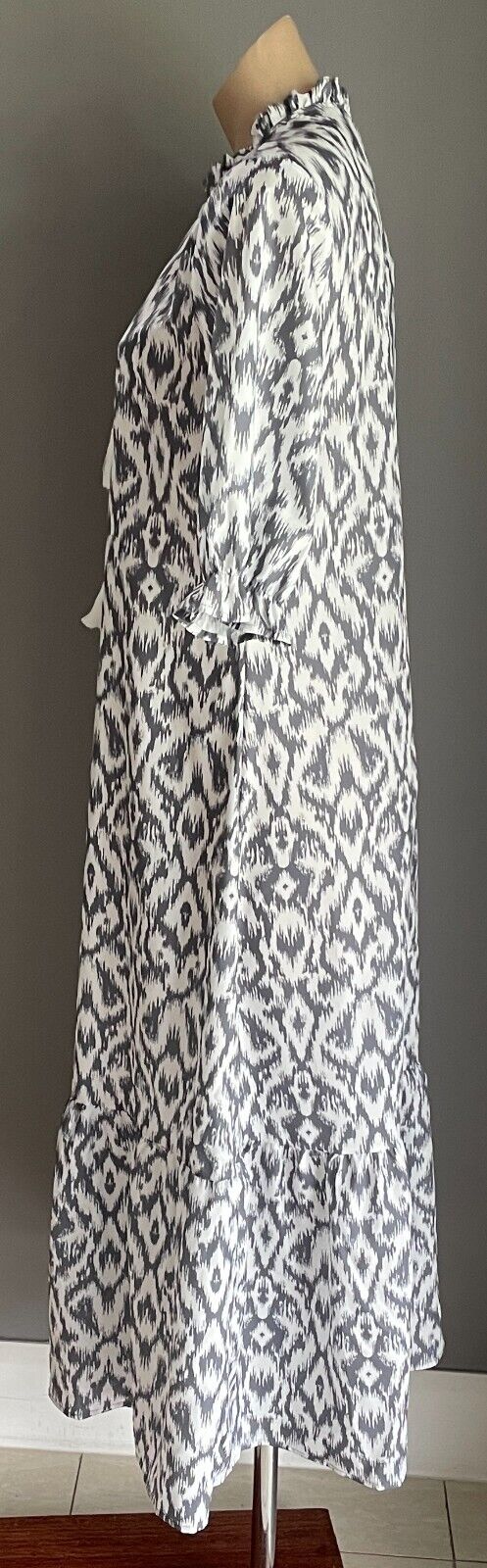 Maxi Dress NORACORA Tassel Tie Grey White Geo Tier Hem V Neck Size S 12 NEW