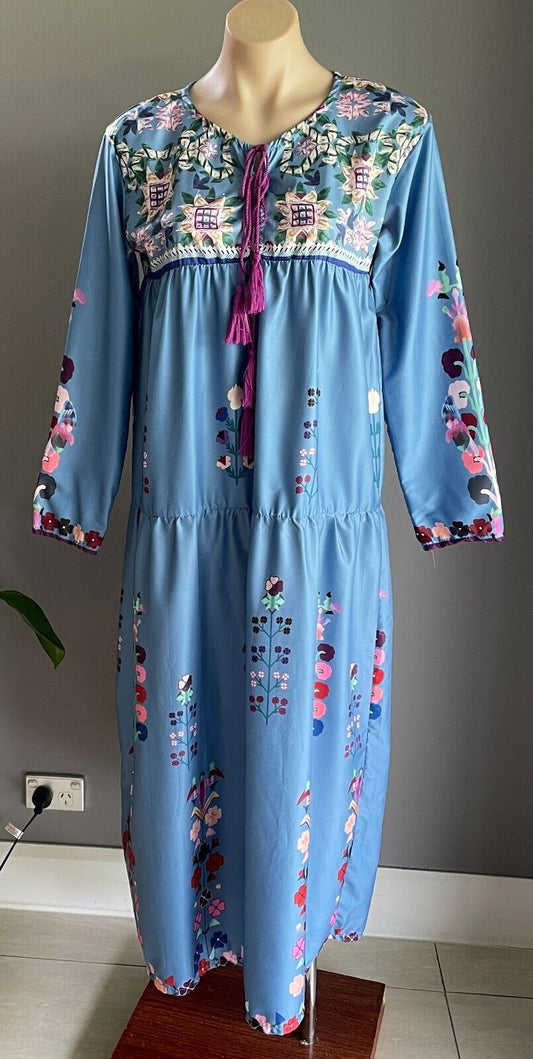 Maxi Dress Cottage Core Cornflower Blue Floral Tier Long Size S 10 12 Tassels
