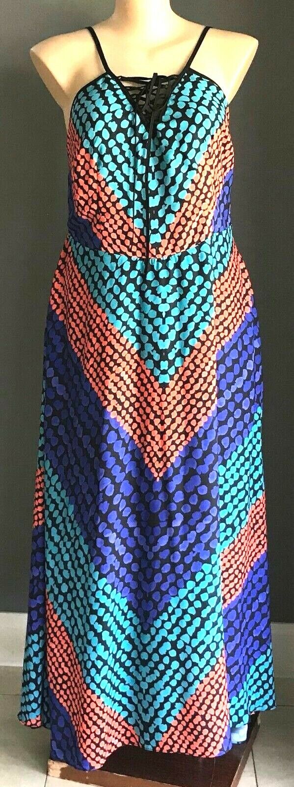 CITY CHIC Maxi Dress Multi Colour Print Neck Tie Sleeveless Long Size XS 10 12