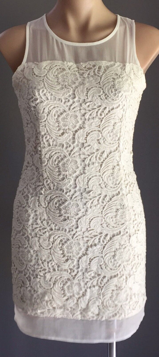 LULU & ROSE Mini Dress White Lace & Sheer Chiffon Trim Ladies Size S 10 Retro