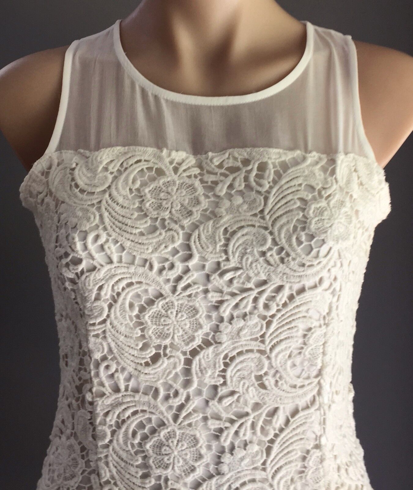 LULU & ROSE Mini Dress White Lace & Sheer Chiffon Trim Ladies Size S 10 Retro