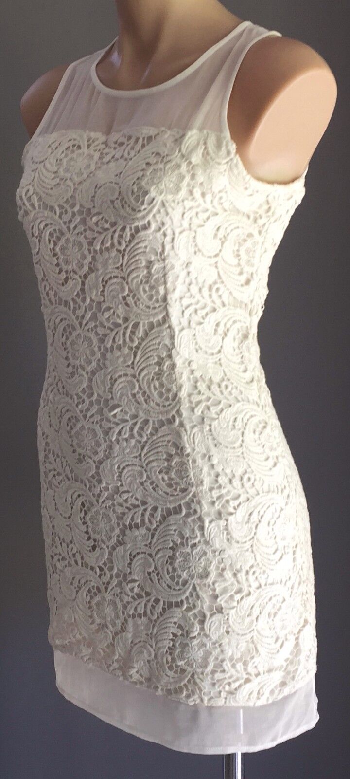 LULU & ROSE Mini Dress White Lace & Sheer Chiffon Trim Ladies Size S 10 Retro