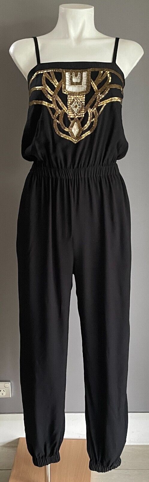 SHONA JOY Black Jumpsuit Sleeveless Size 6 8 Gold Bead Trim Elasticised Leg Cuff