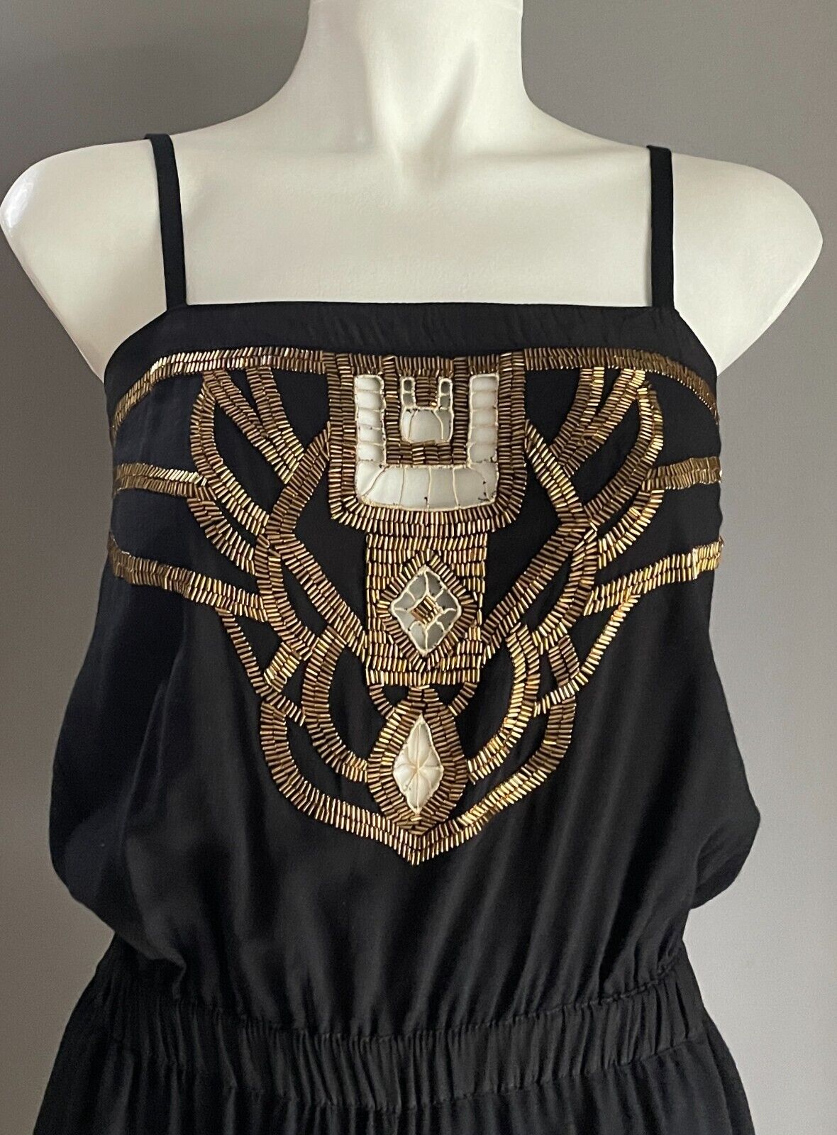 SHONA JOY Black Jumpsuit Sleeveless Size 6 8 Gold Bead Trim Elasticised Leg Cuff