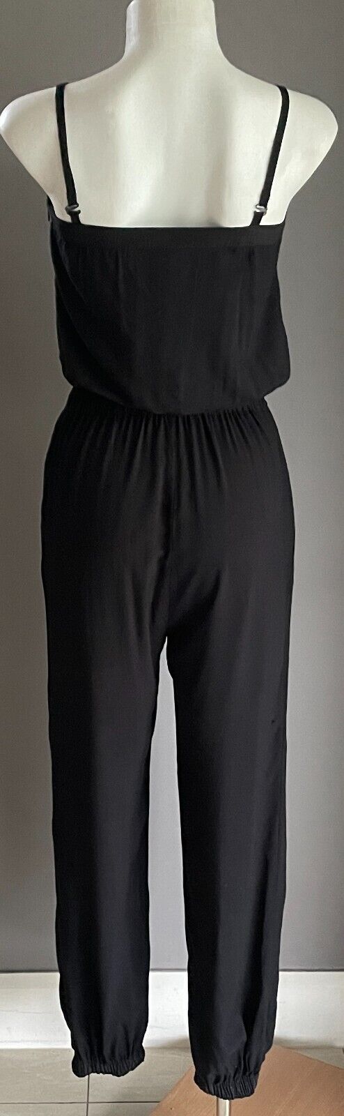 SHONA JOY Black Jumpsuit Sleeveless Size 6 8 Gold Bead Trim Elasticised Leg Cuff