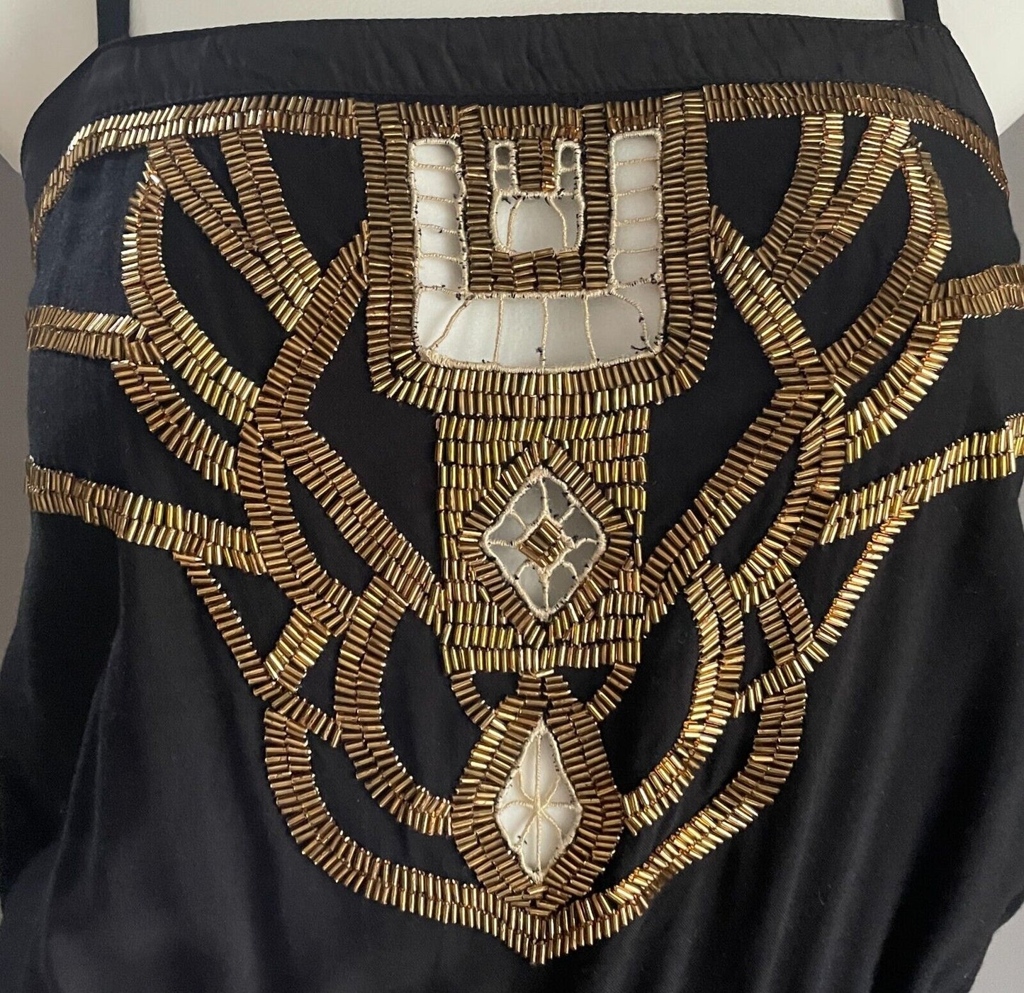 SHONA JOY Black Jumpsuit Sleeveless Size 6 8 Gold Bead Trim Elasticised Leg Cuff