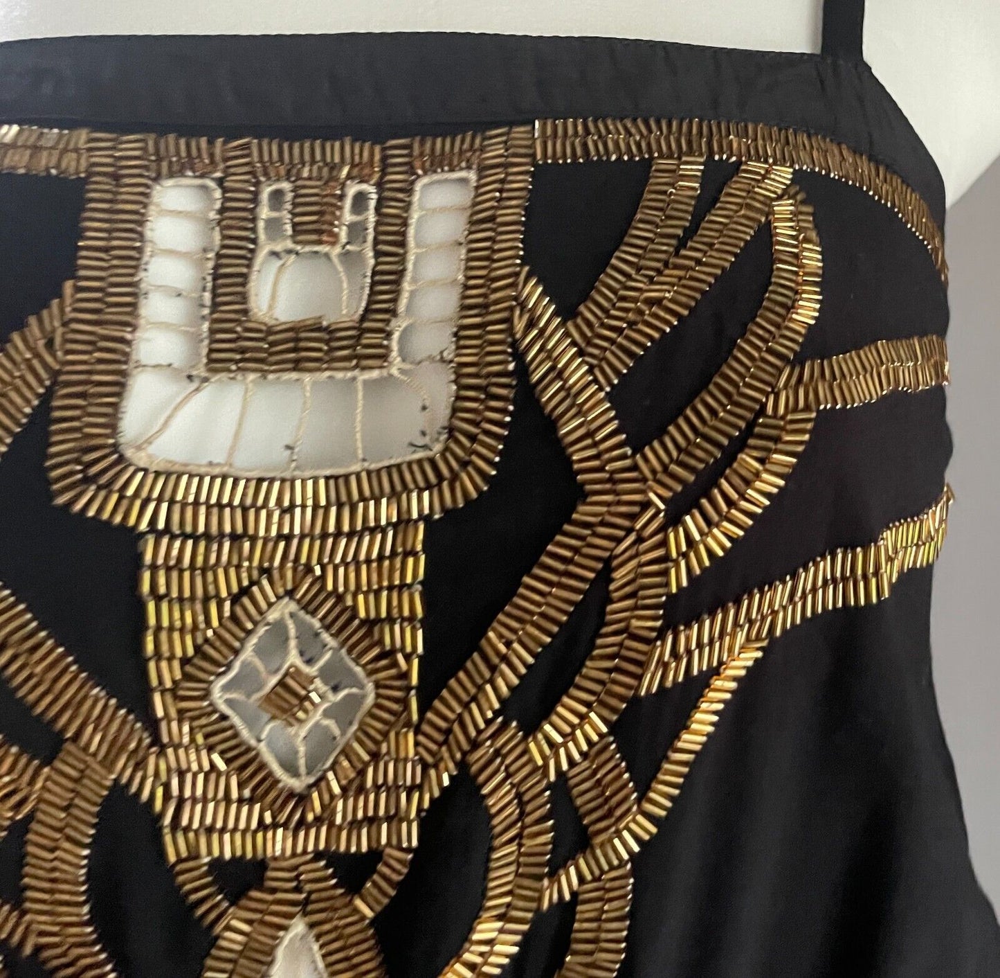 SHONA JOY Black Jumpsuit Sleeveless Size 6 8 Gold Bead Trim Elasticised Leg Cuff