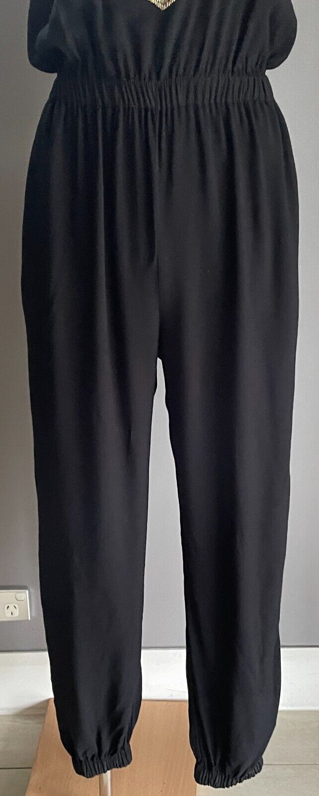 SHONA JOY Black Jumpsuit Sleeveless Size 6 8 Gold Bead Trim Elasticised Leg Cuff