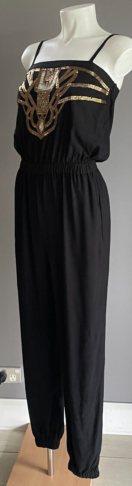 SHONA JOY Black Jumpsuit Sleeveless Size 6 8 Gold Bead Trim Elasticised Leg Cuff