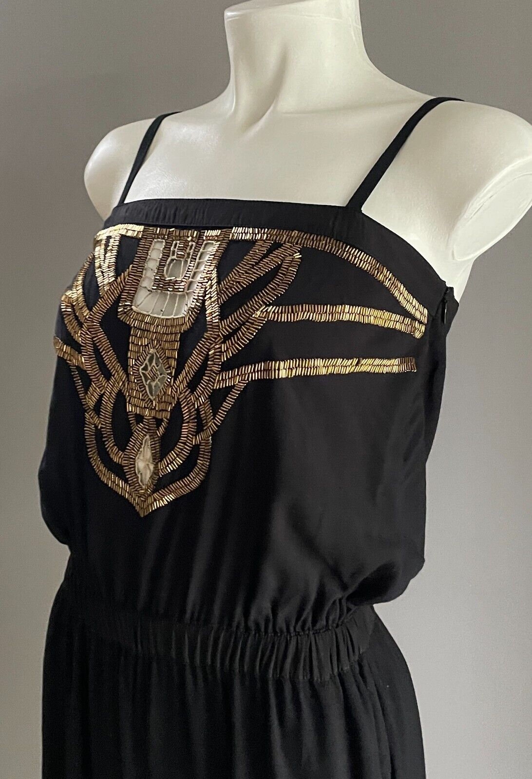 SHONA JOY Black Jumpsuit Sleeveless Size 6 8 Gold Bead Trim Elasticised Leg Cuff