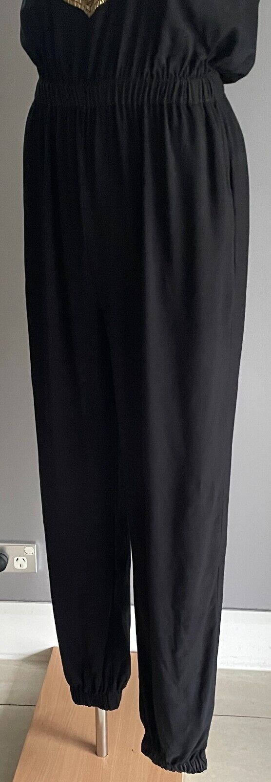 SHONA JOY Black Jumpsuit Sleeveless Size 6 8 Gold Bead Trim Elasticised Leg Cuff