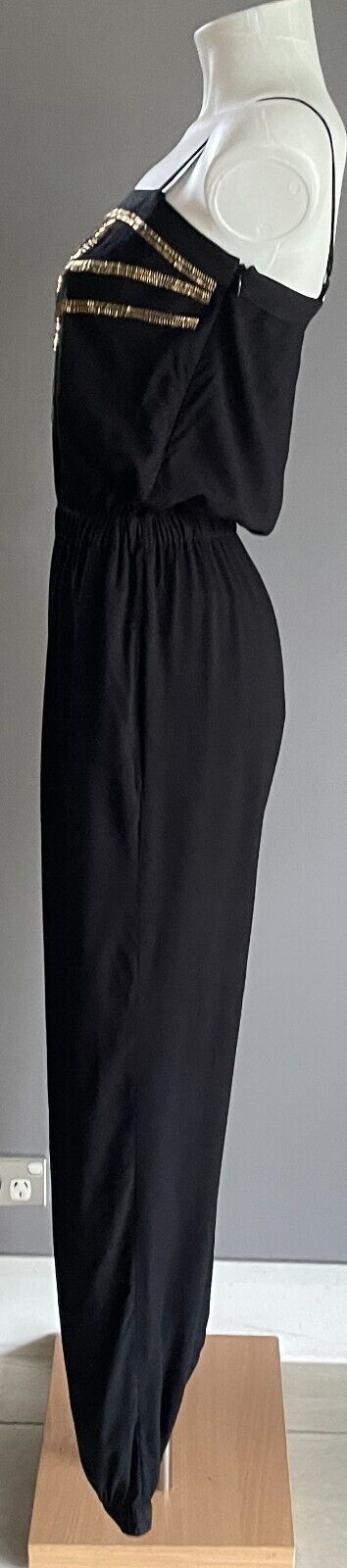 SHONA JOY Black Jumpsuit Sleeveless Size 6 8 Gold Bead Trim Elasticised Leg Cuff