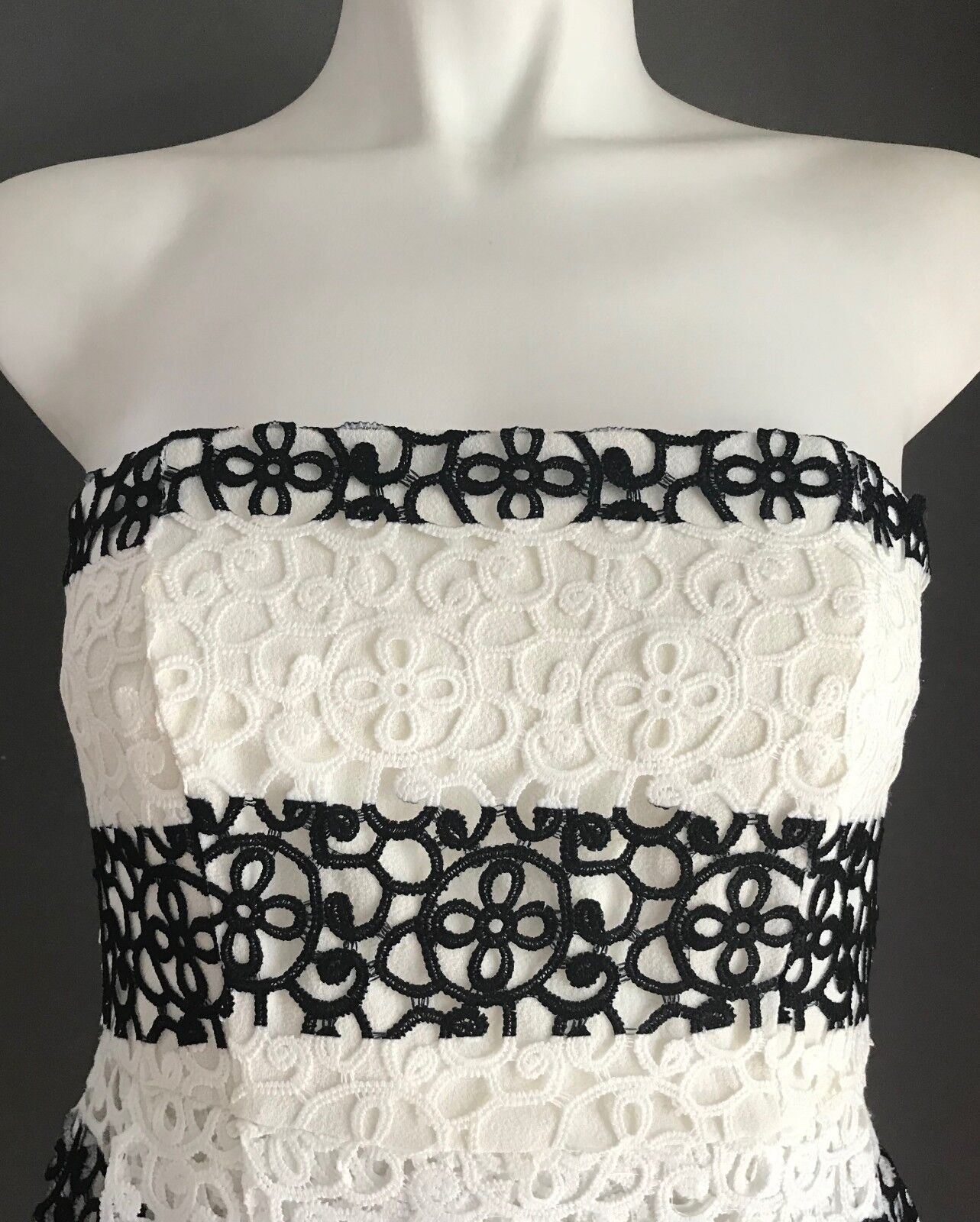 ZALORA PREMIUM Strapless Dress White & Black Lace Stripe Fit & Flare Size XS 8