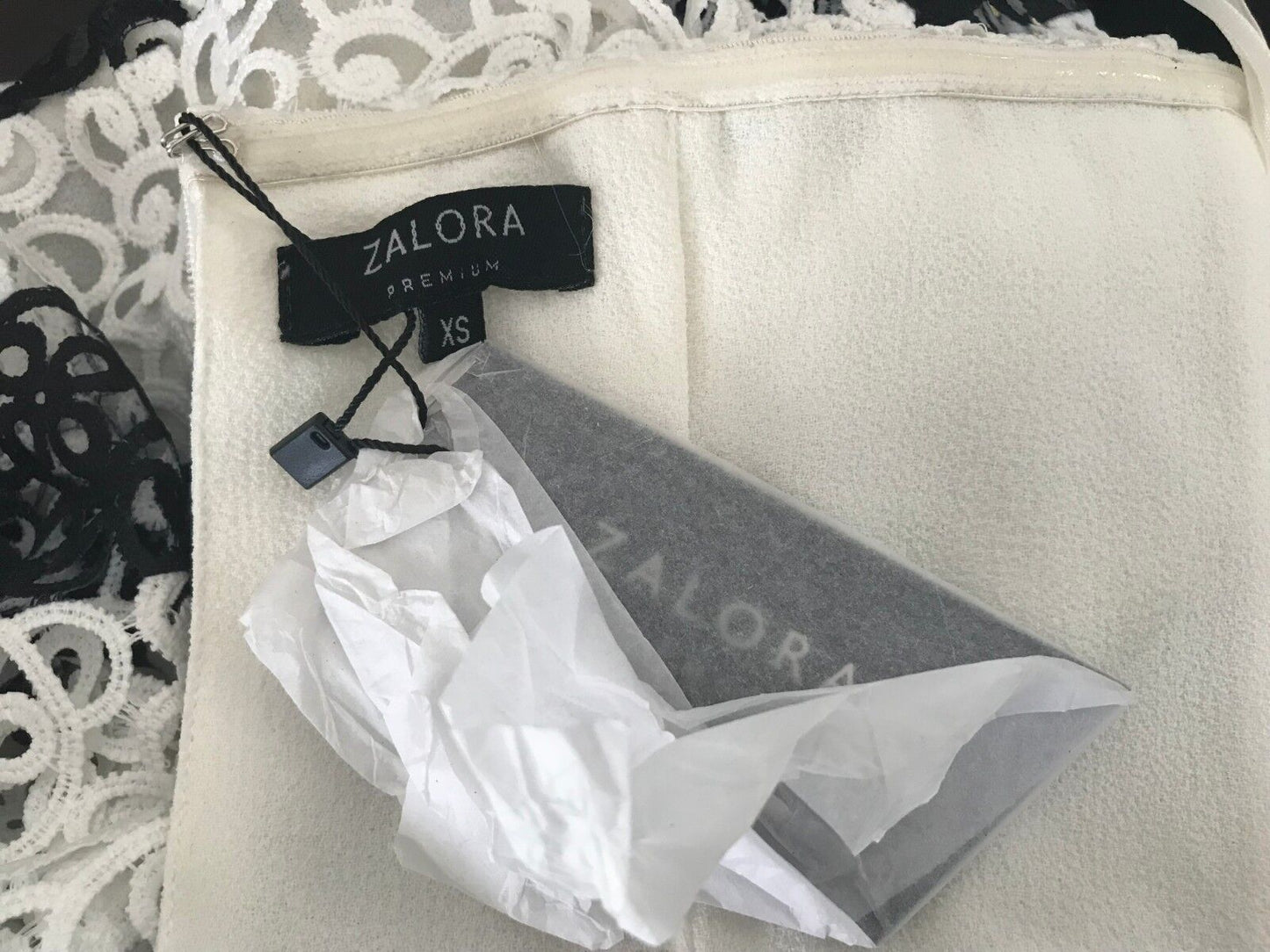 ZALORA PREMIUM Strapless Dress White & Black Lace Stripe Fit & Flare Size XS 8