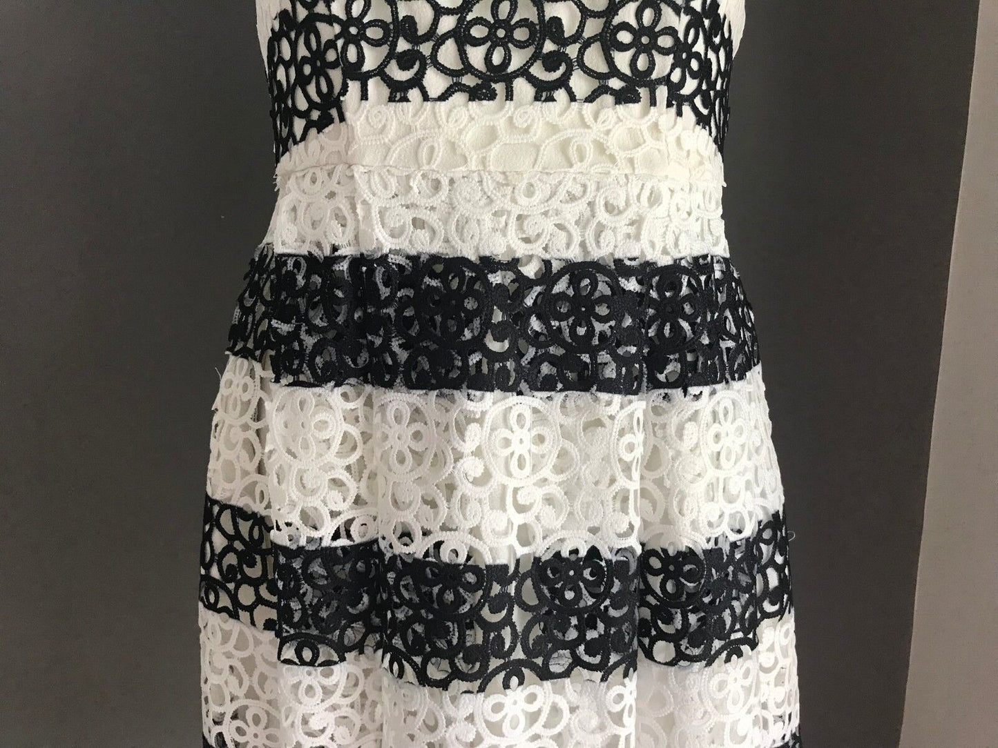 ZALORA PREMIUM Strapless Dress White & Black Lace Stripe Fit & Flare Size XS 8