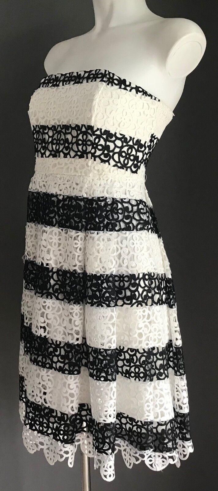 ZALORA PREMIUM Strapless Dress White & Black Lace Stripe Fit & Flare Size XS 8