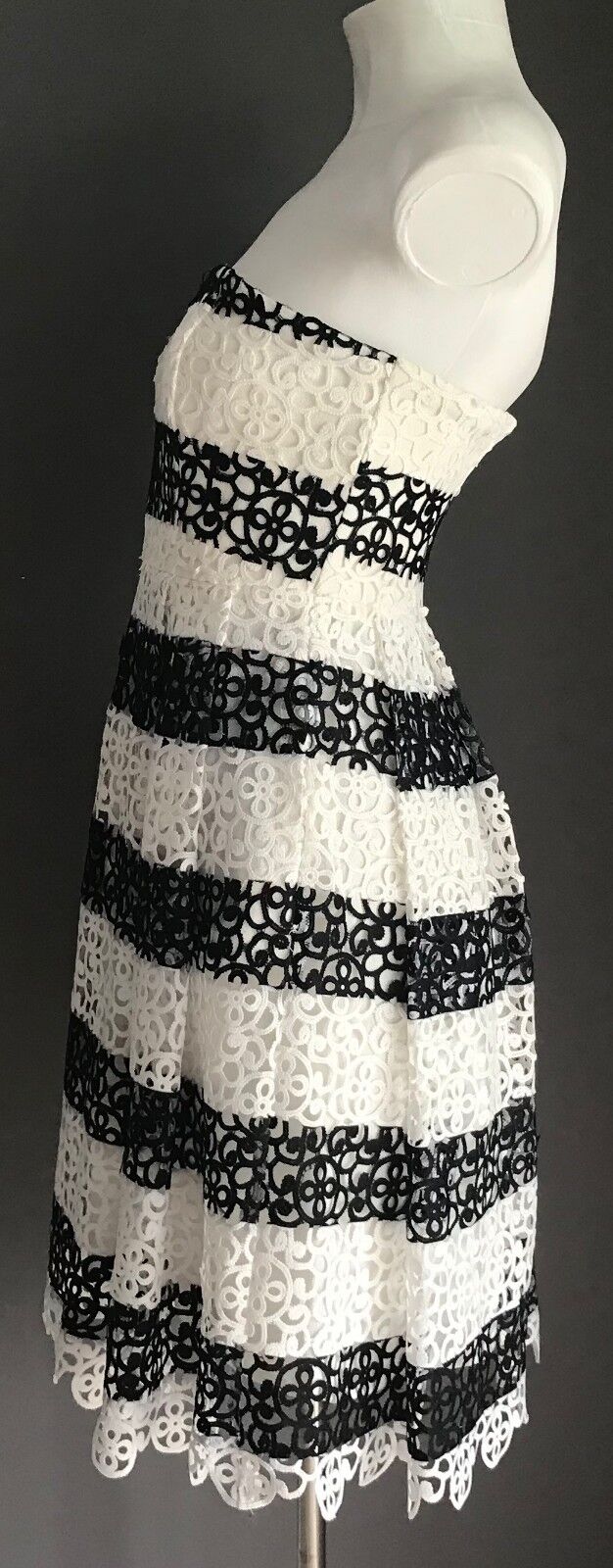 ZALORA PREMIUM Strapless Dress White & Black Lace Stripe Fit & Flare Size XS 8