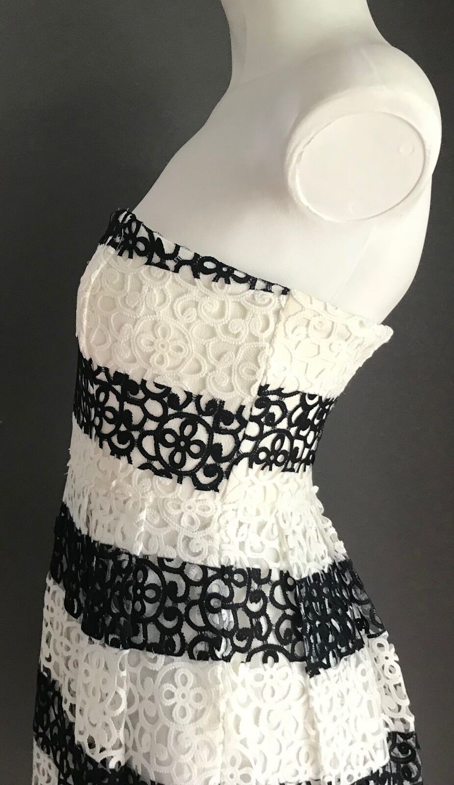 ZALORA PREMIUM Strapless Dress White & Black Lace Stripe Fit & Flare Size XS 8