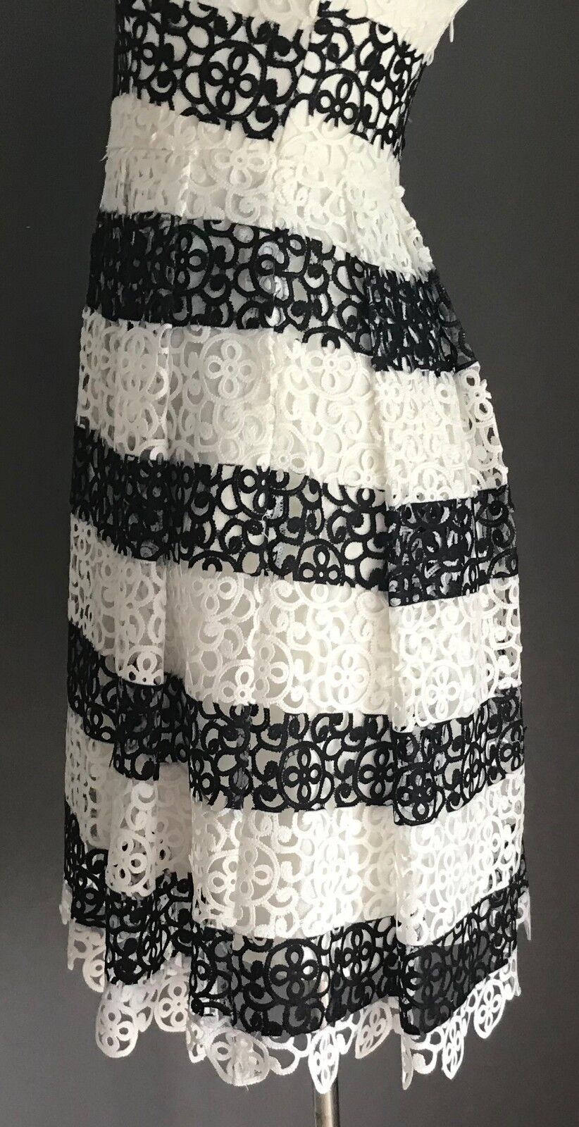 ZALORA PREMIUM Strapless Dress White & Black Lace Stripe Fit & Flare Size XS 8