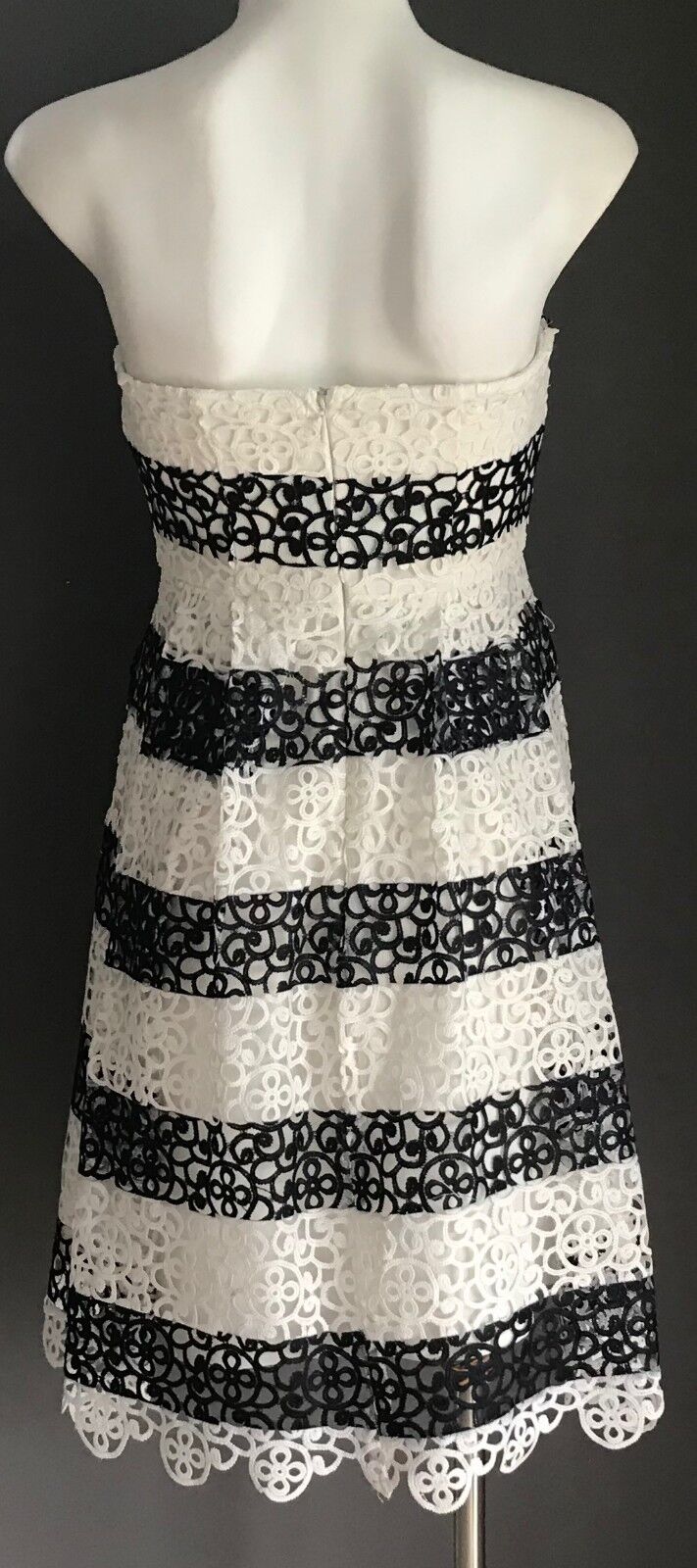 ZALORA PREMIUM Strapless Dress White & Black Lace Stripe Fit & Flare Size XS 8