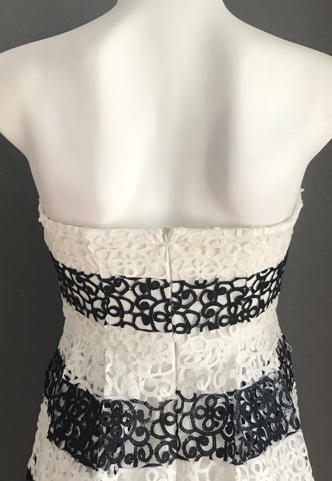 ZALORA PREMIUM Strapless Dress White & Black Lace Stripe Fit & Flare Size XS 8