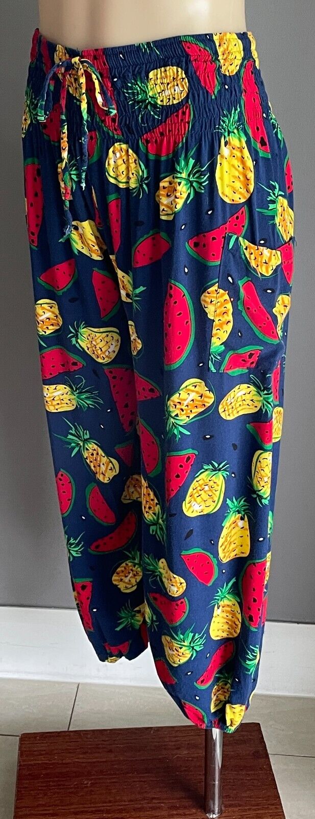 SK Harem Pants Tutti Frutti Bright Pineapple Watermelon Fruit Shirred Size 3 10