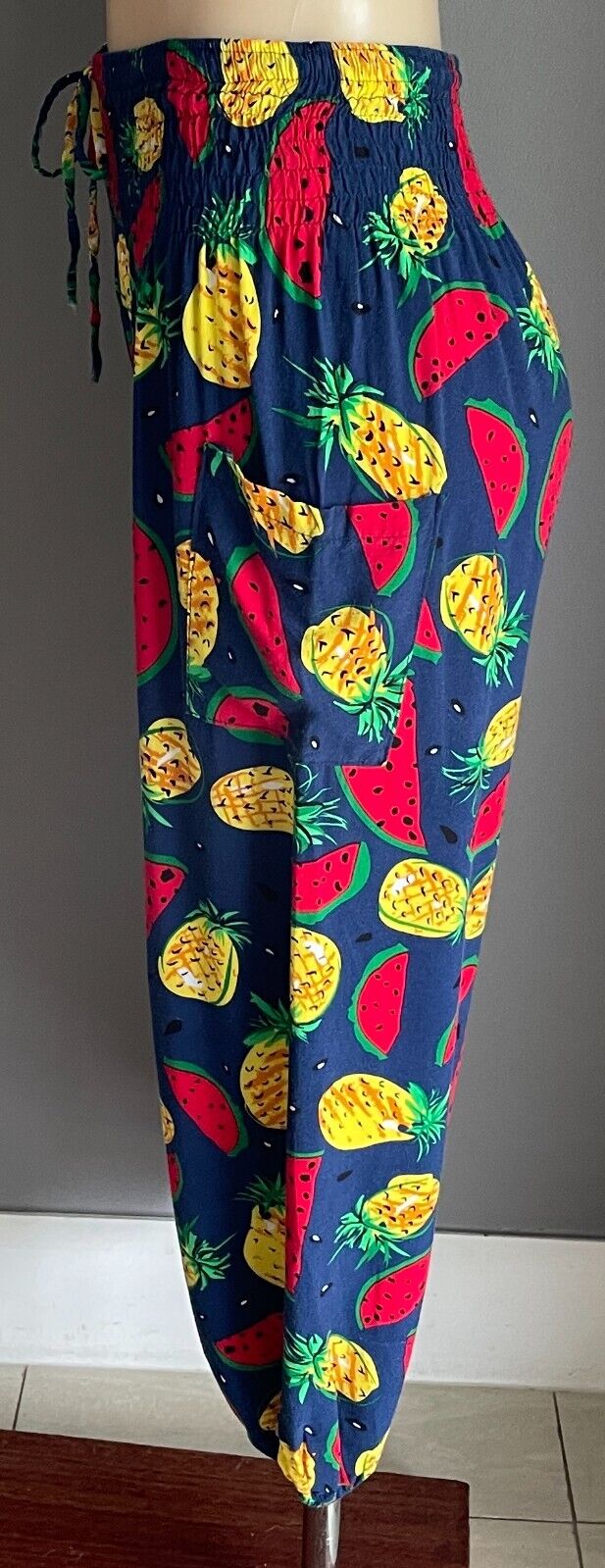 SK Harem Pants Tutti Frutti Bright Pineapple Watermelon Fruit Shirred Size 3 10