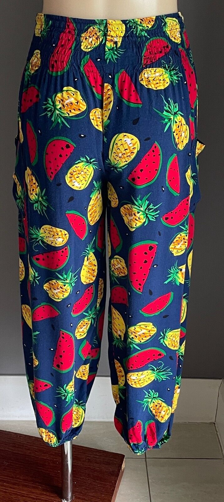SK Harem Pants Tutti Frutti Bright Pineapple Watermelon Fruit Shirred Size 3 10