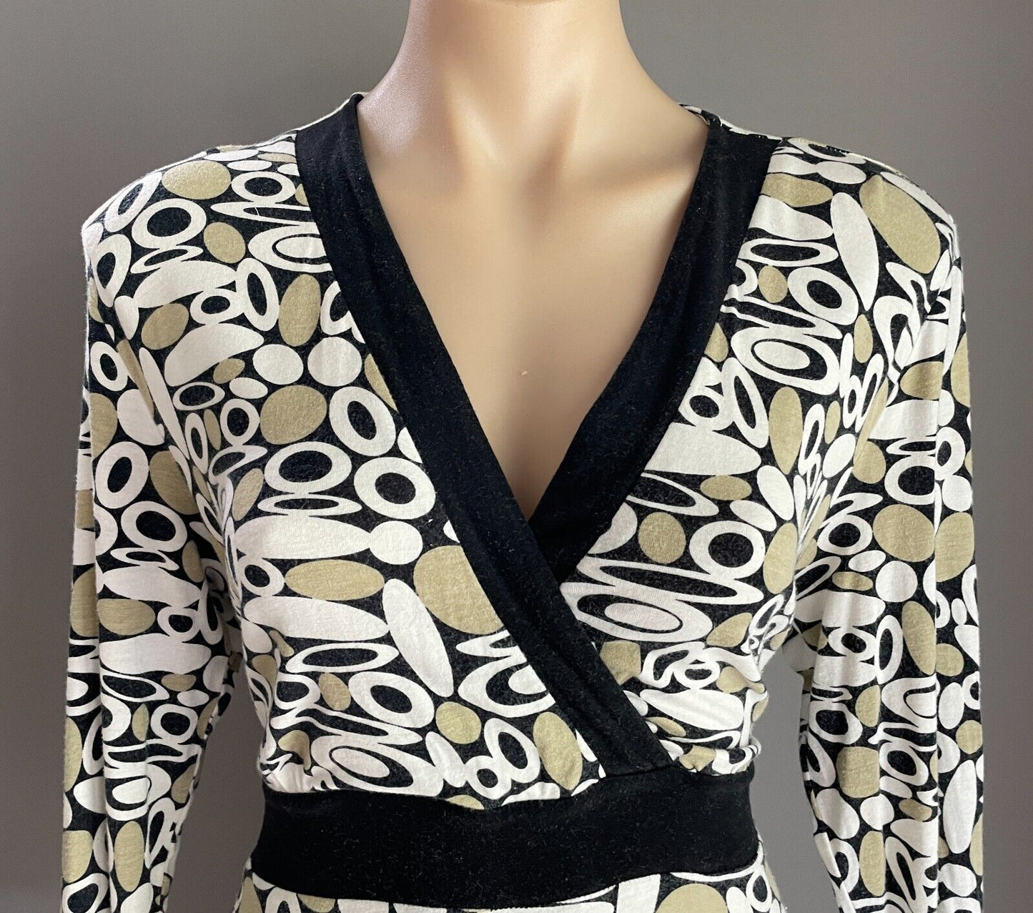 QUEENSPARK Dress Tie Back Midi 3/4 Sleeve Khaki White Black Spot Print Size M 12