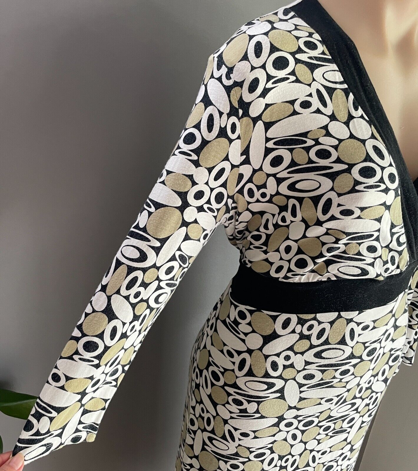 QUEENSPARK Dress Tie Back Midi 3/4 Sleeve Khaki White Black Spot Print Size M 12