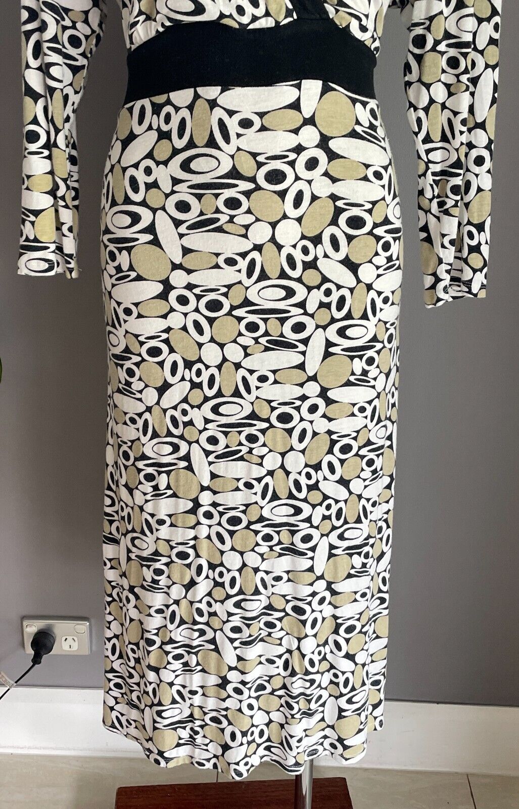 QUEENSPARK Dress Tie Back Midi 3/4 Sleeve Khaki White Black Spot Print Size M 12