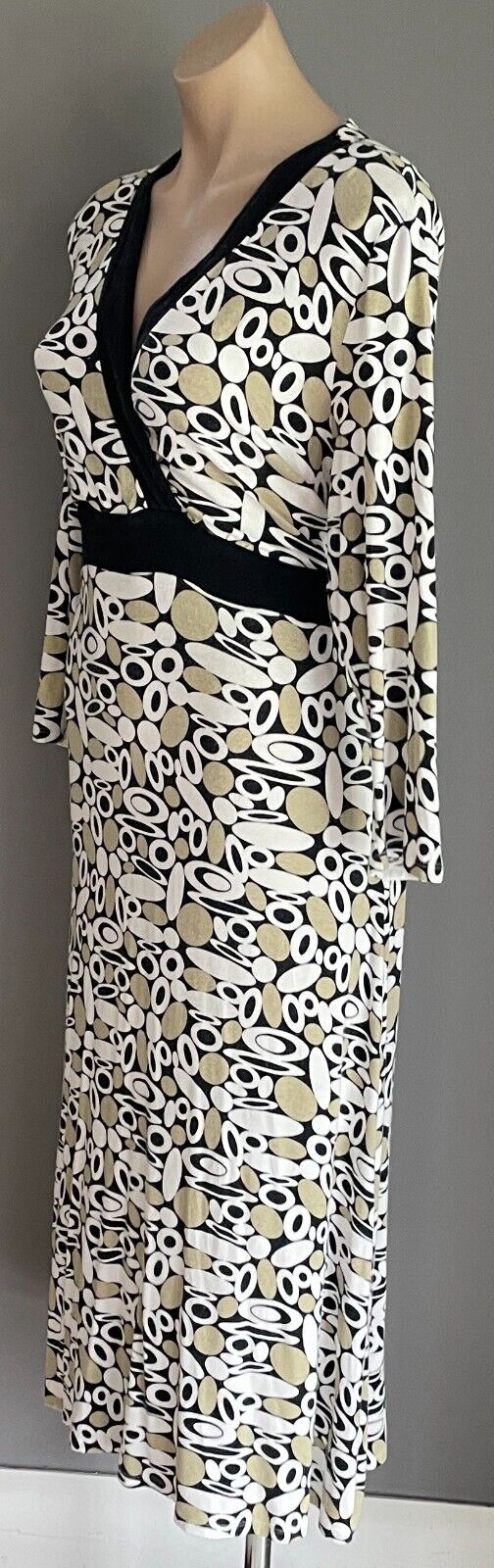 QUEENSPARK Dress Tie Back Midi 3/4 Sleeve Khaki White Black Spot Print Size M 12