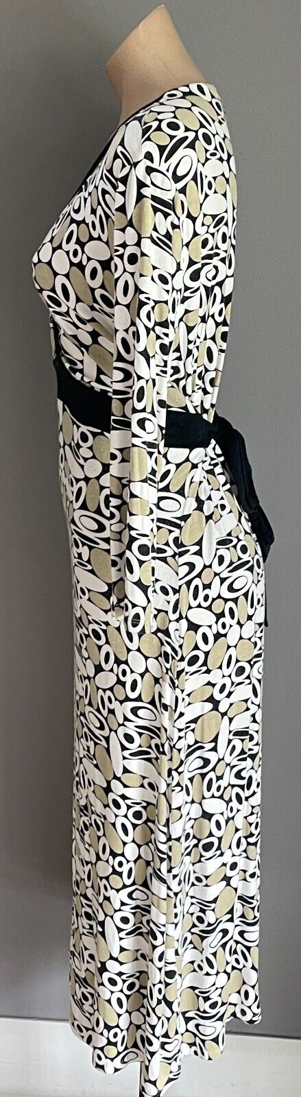 QUEENSPARK Dress Tie Back Midi 3/4 Sleeve Khaki White Black Spot Print Size M 12
