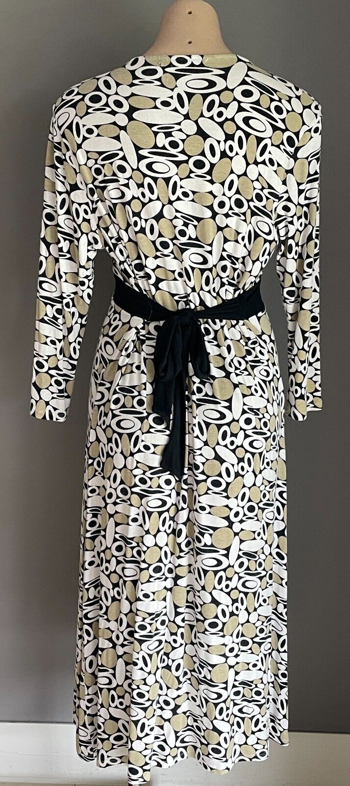 QUEENSPARK Dress Tie Back Midi 3/4 Sleeve Khaki White Black Spot Print Size M 12
