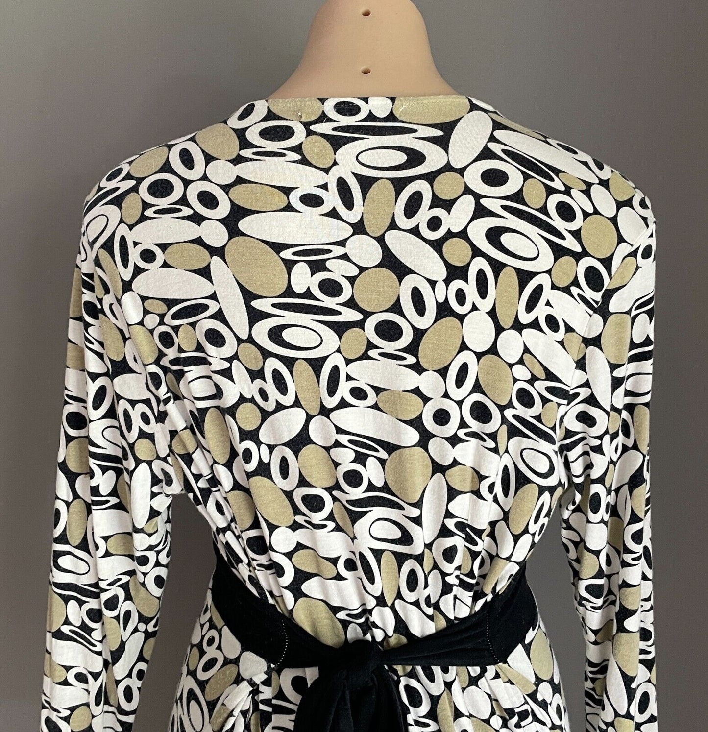QUEENSPARK Dress Tie Back Midi 3/4 Sleeve Khaki White Black Spot Print Size M 12