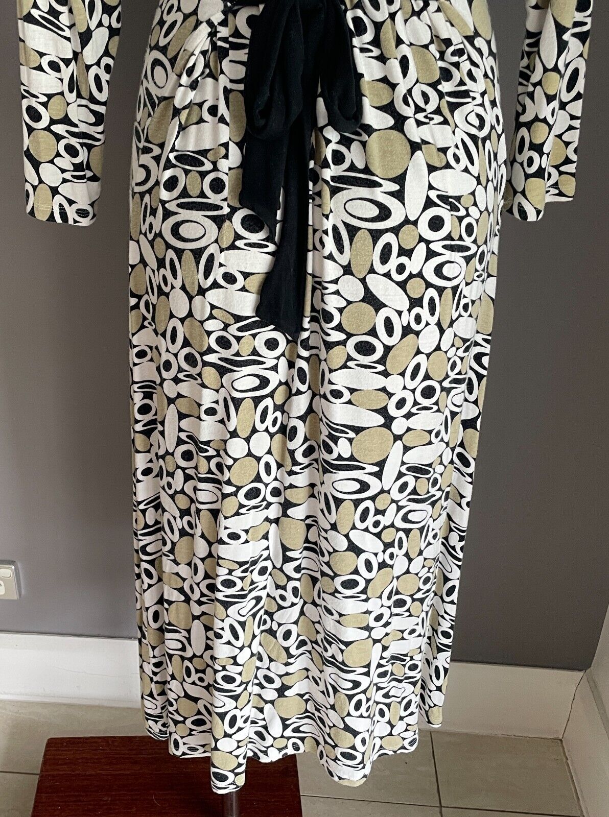 QUEENSPARK Dress Tie Back Midi 3/4 Sleeve Khaki White Black Spot Print Size M 12