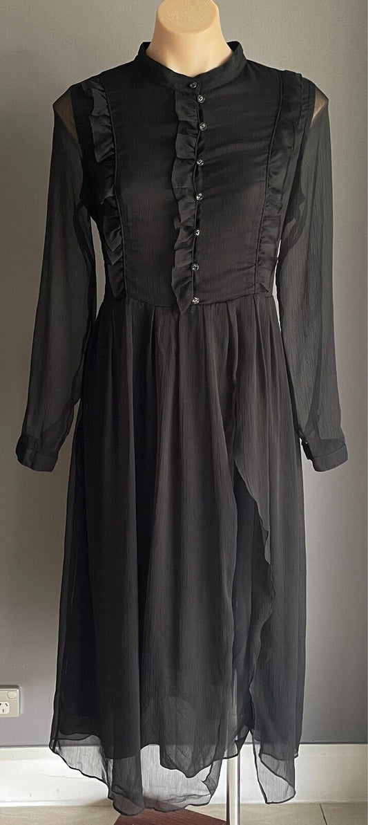 MEI BAN Midi Black Sheath Dress Long Sleeve Semi Sheer w Ruffles Goth Size M 10