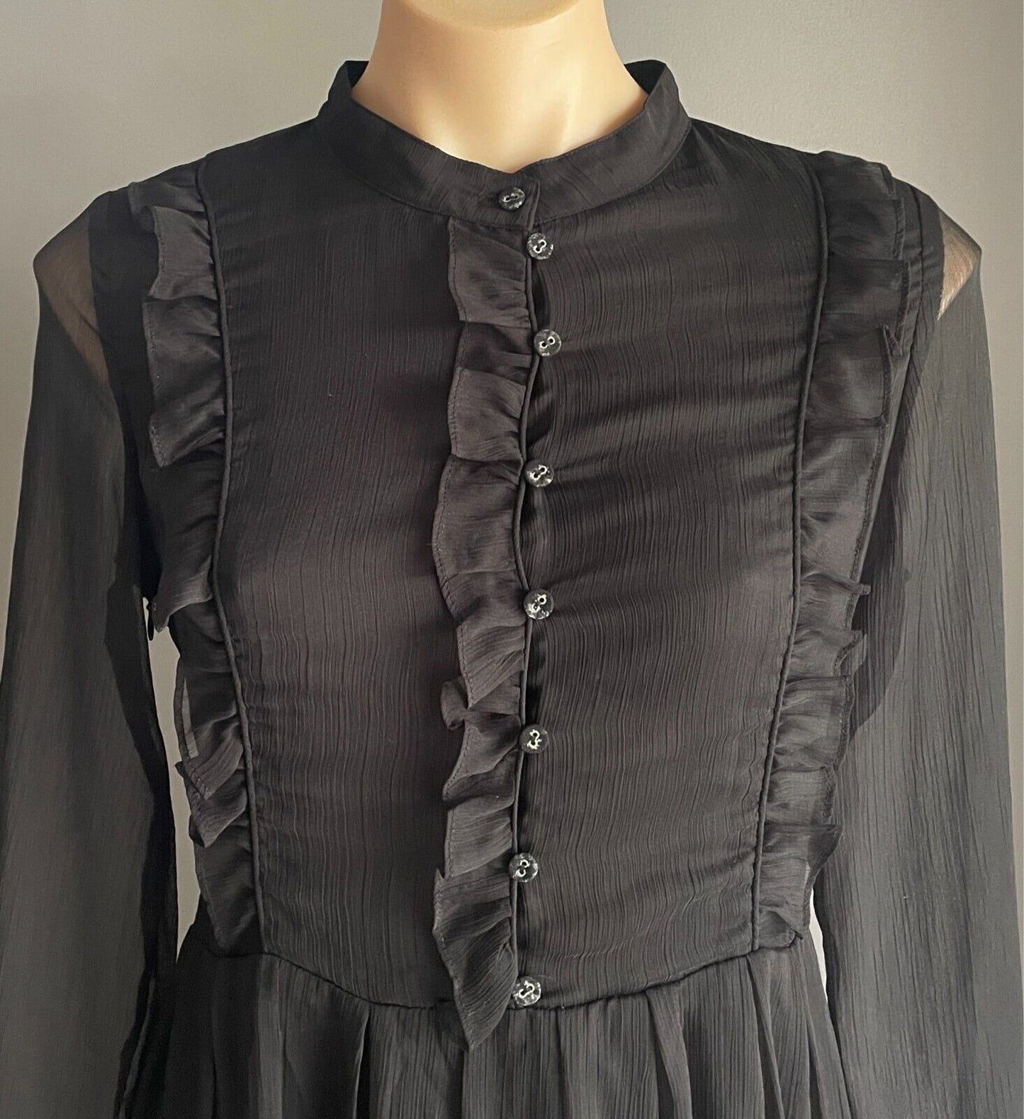 MEI BAN Midi Black Sheath Dress Long Sleeve Semi Sheer w Ruffles Goth Size M 10