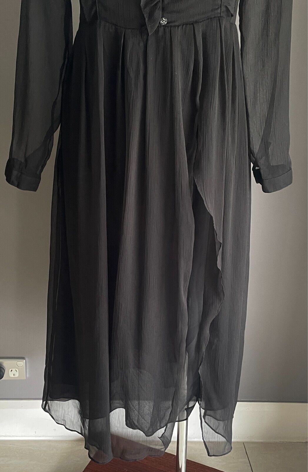 MEI BAN Midi Black Sheath Dress Long Sleeve Semi Sheer w Ruffles Goth Size M 10