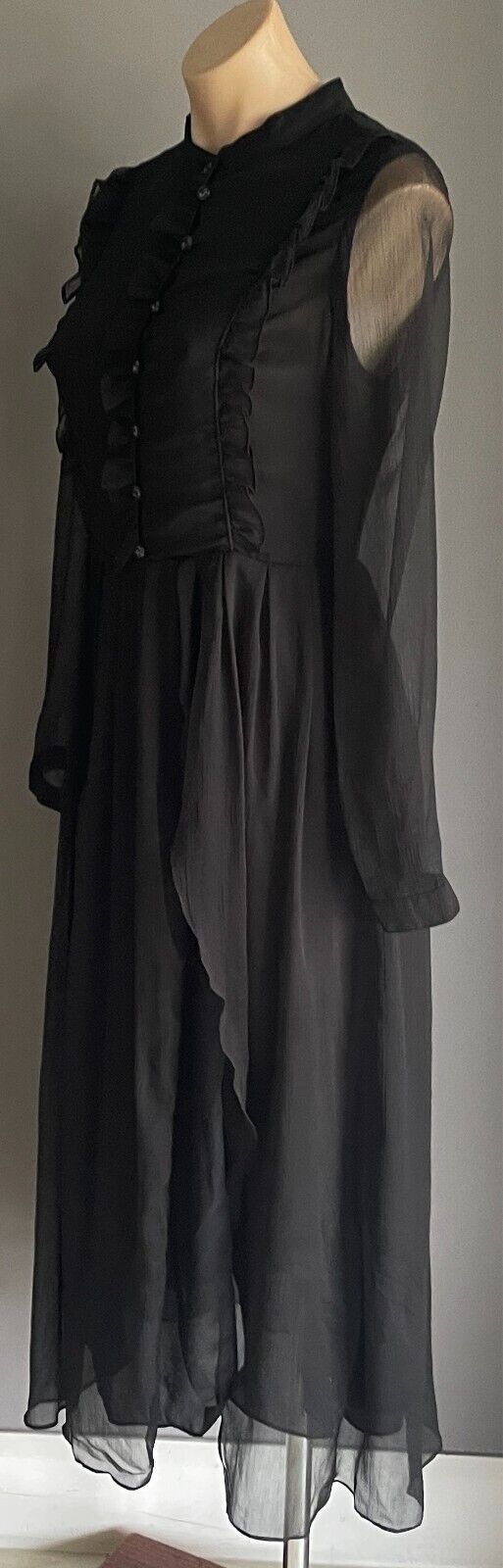 MEI BAN Midi Black Sheath Dress Long Sleeve Semi Sheer w Ruffles Goth Size M 10