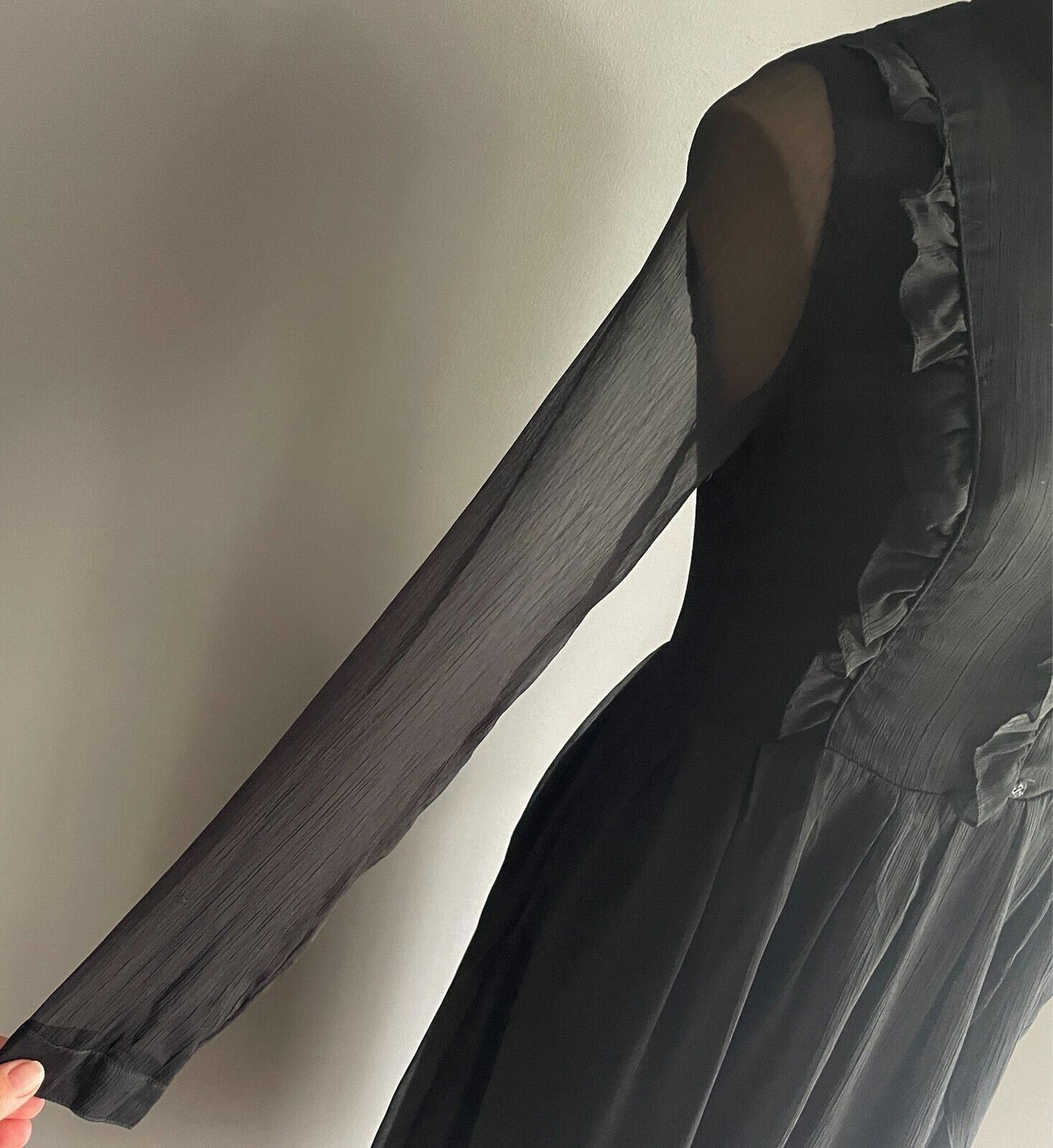 MEI BAN Midi Black Sheath Dress Long Sleeve Semi Sheer w Ruffles Goth Size M 10