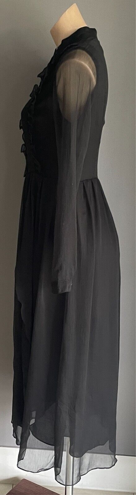 MEI BAN Midi Black Sheath Dress Long Sleeve Semi Sheer w Ruffles Goth Size M 10