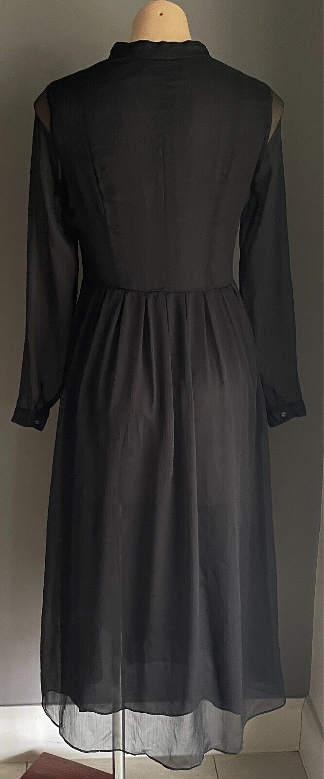 MEI BAN Midi Black Sheath Dress Long Sleeve Semi Sheer w Ruffles Goth Size M 10
